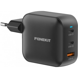 FoneKit GaN PD 100W -nätadapter, USB-C + USB-C + USB-A, svart